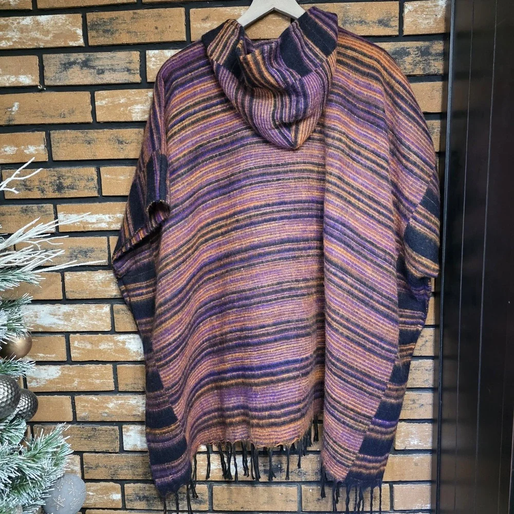 Ark Imports Soft‎ Striped Hooded Poncho Cape Warm Kangaroo Pouch Made In Nepal